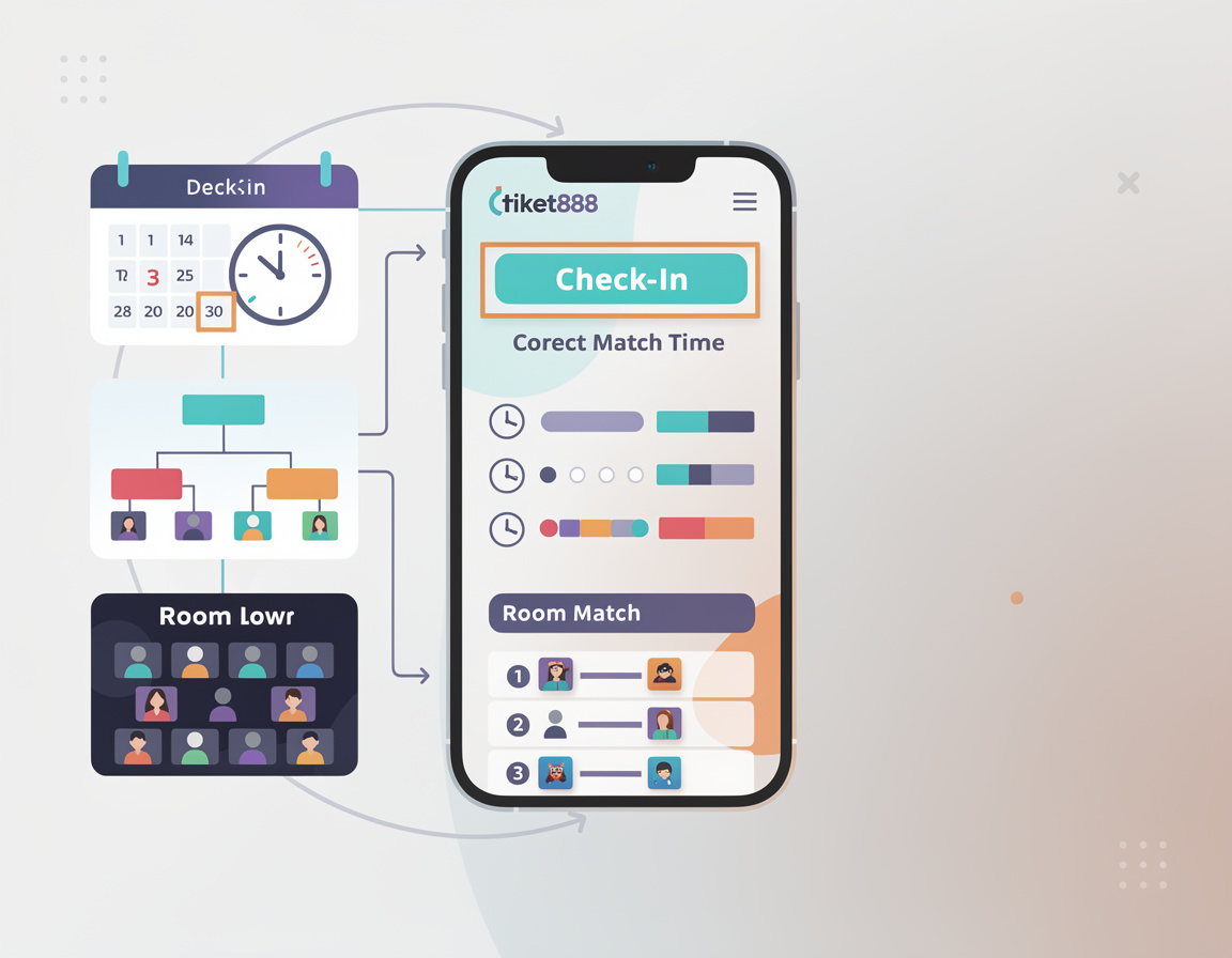 Ilustrasi alur check-in match tanpa salah jam untuk turnamen game online tiket888 dengan bracket dan room match